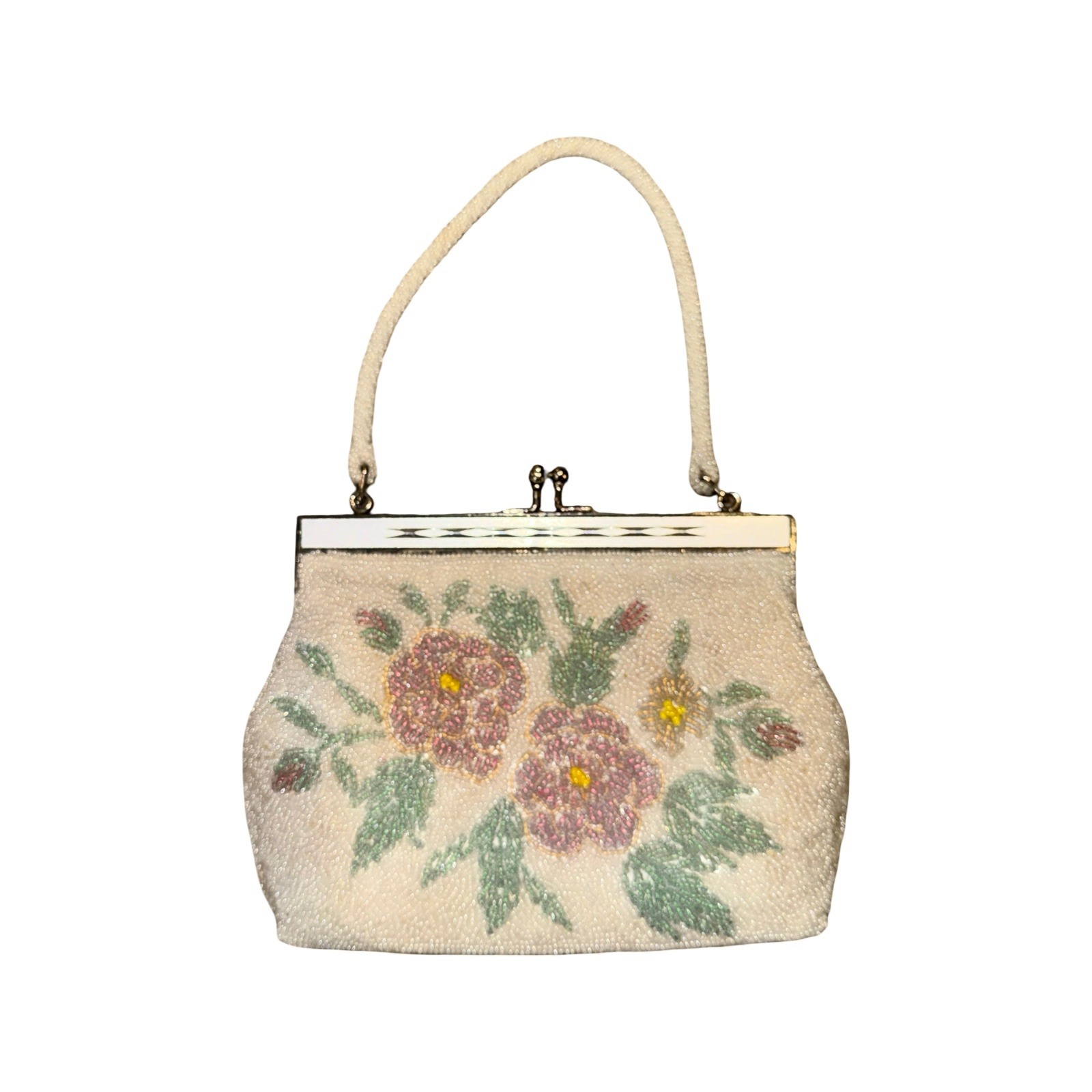 Cmc Taiwan Beaded Handbag Womens White 1950s Floral Kiss Lock Evening Bag